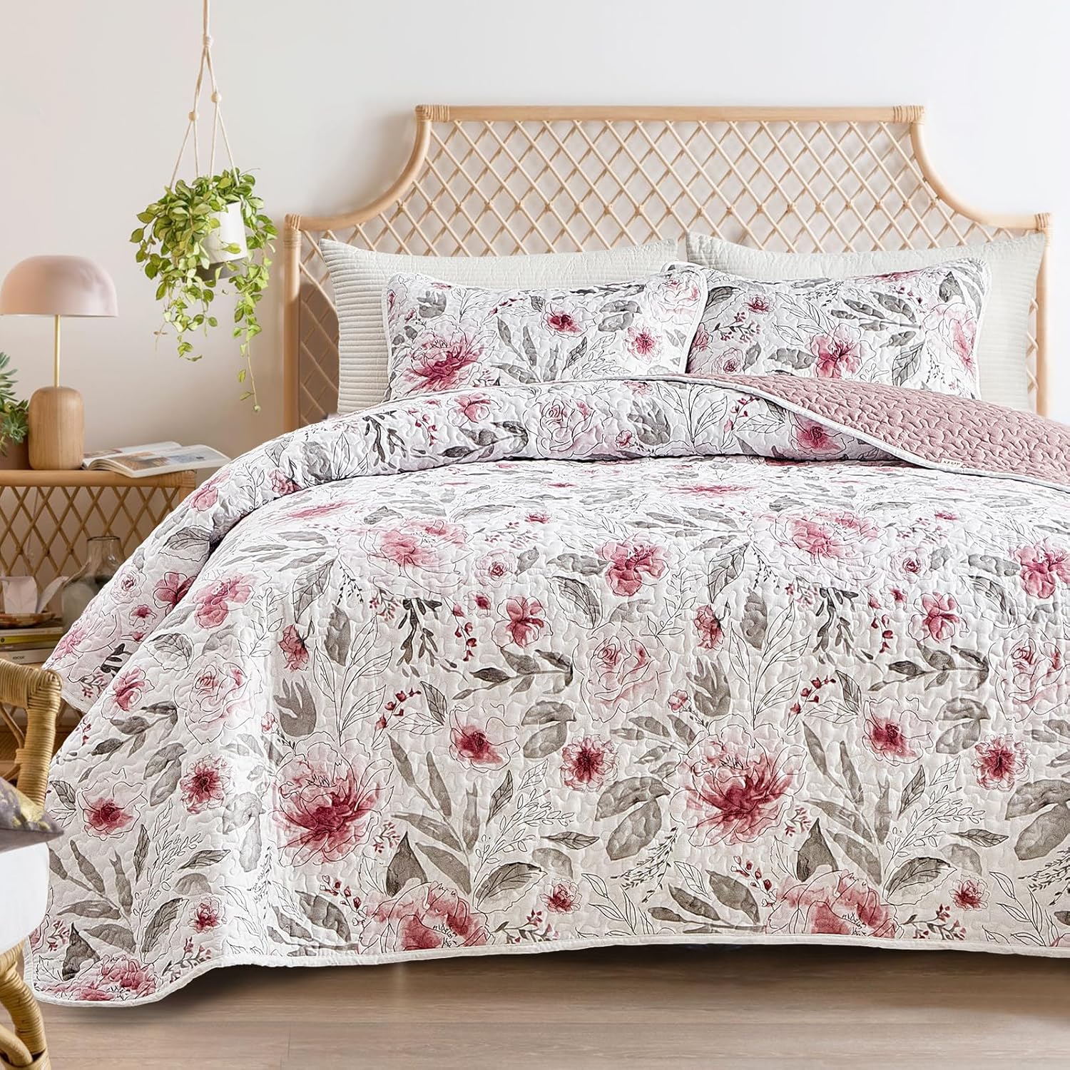 Flysheep Botanical Quilt Set 3 Piece Blush Pink Grey Flowers