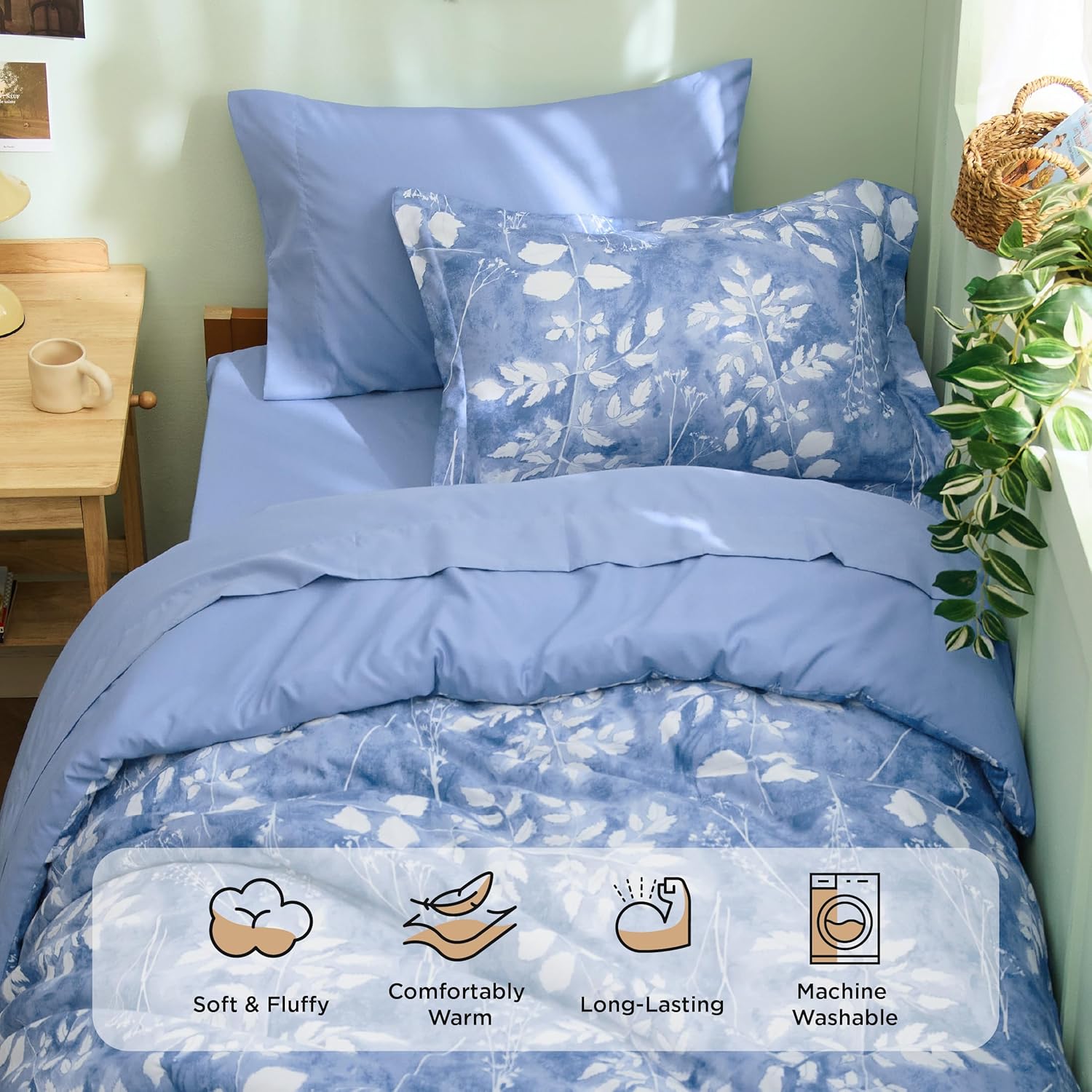 Bedsure Blue Twin XL Comforter Set 5 Piece Floral Bedding