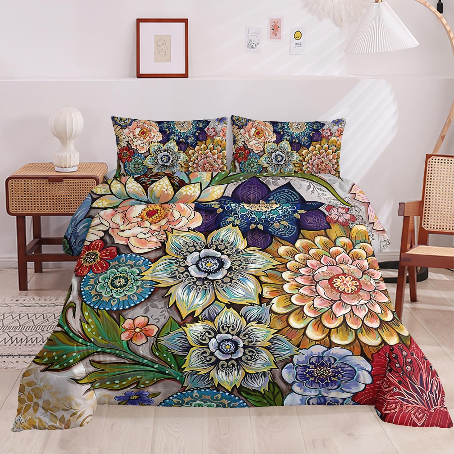 3-Piece Boho Floral Comforter Set King Size