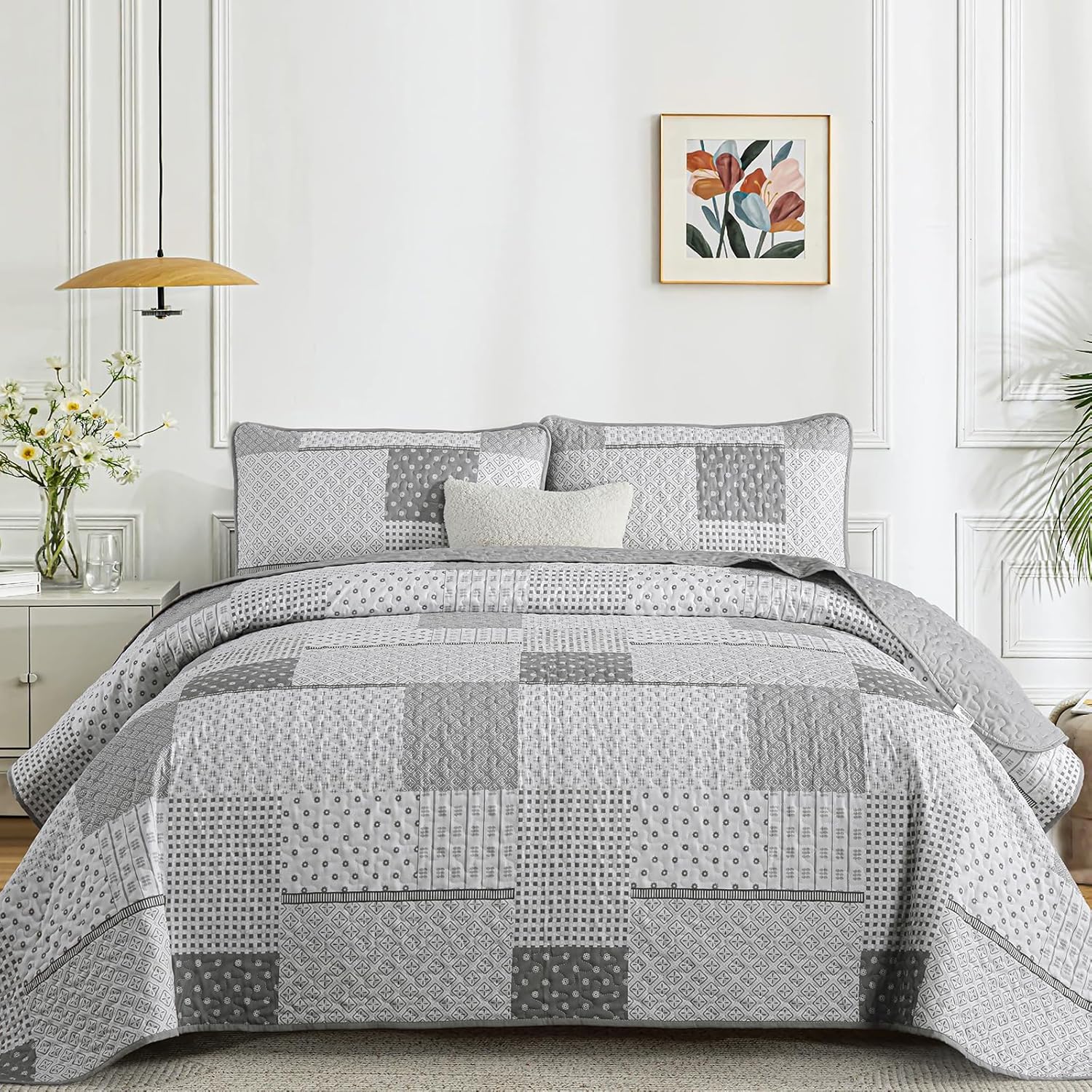 WONGS BEDDING 3 Piece Quilt Set Queen Size Grey