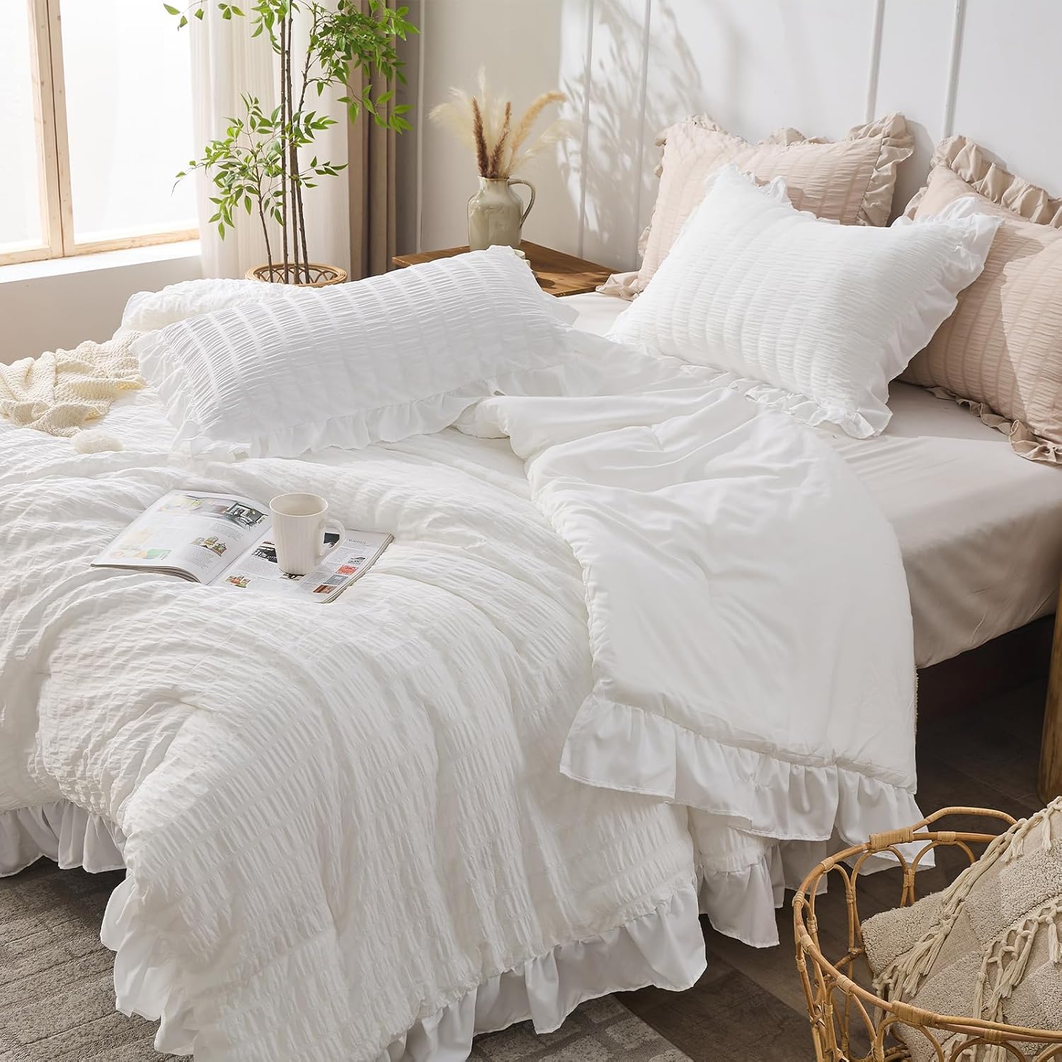 JOLLYVOGUE Queen Comforter Set 3 Pieces Seersucker