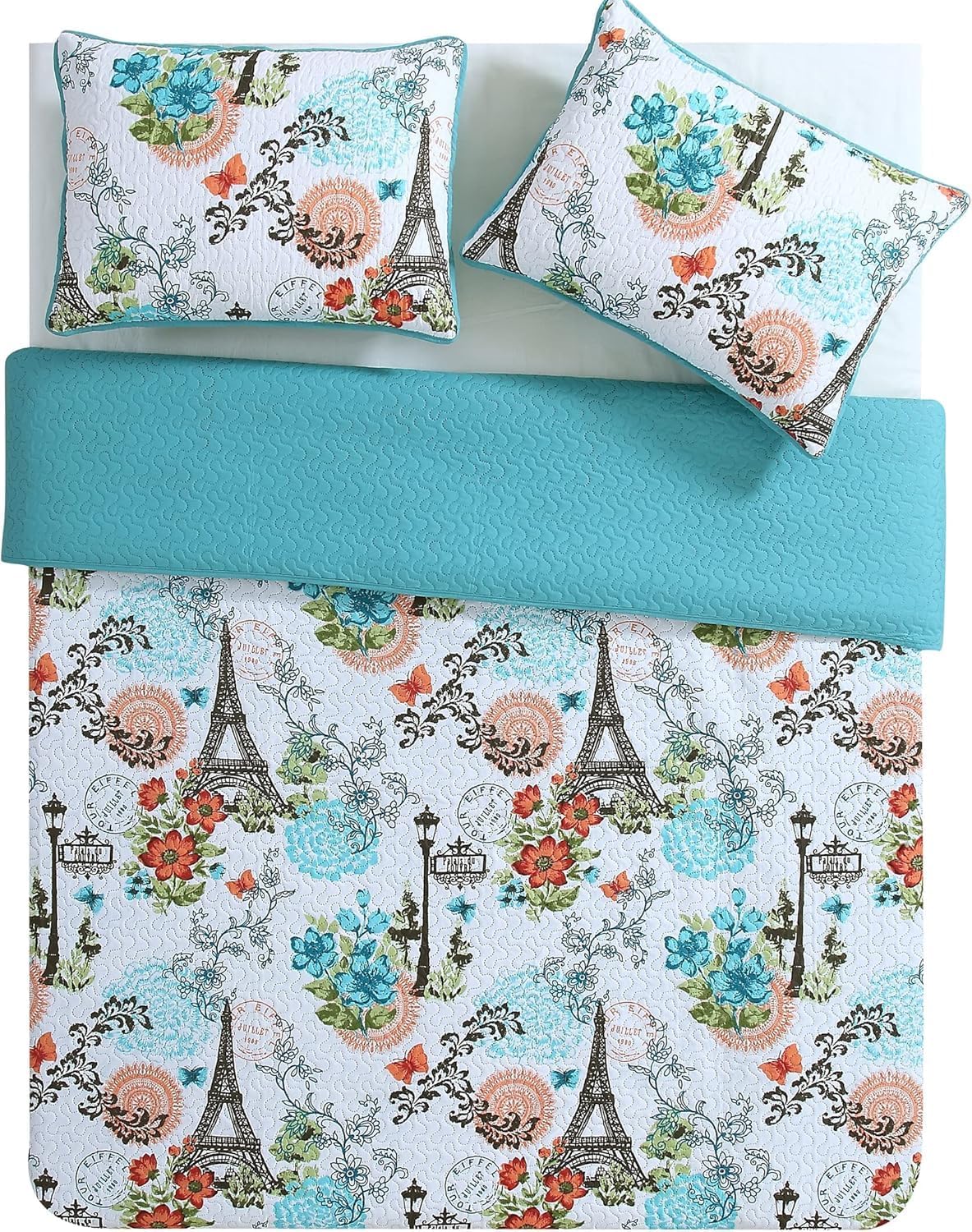 VCNY Home 3-Piece Quilt Set Reversible Eiffel Blue Full Queen