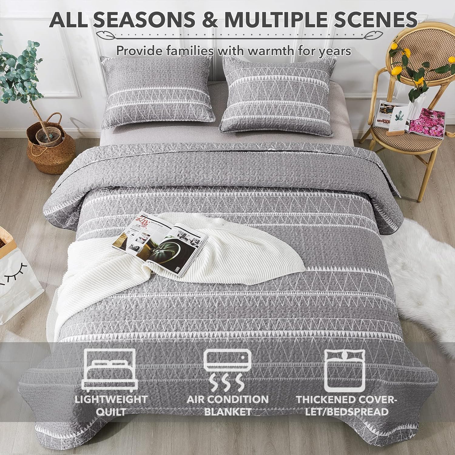Andency Grey Boho Quilt Set 3Pcs Queen Size