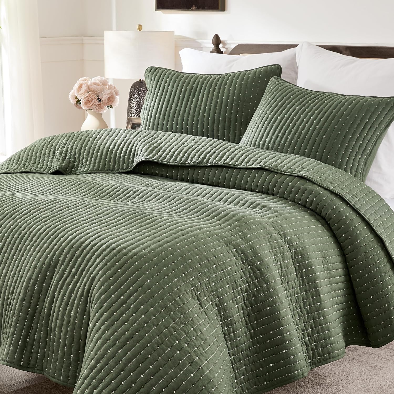 WDCOZY Olive Green Cross Stitch Queen Quilt Set 1