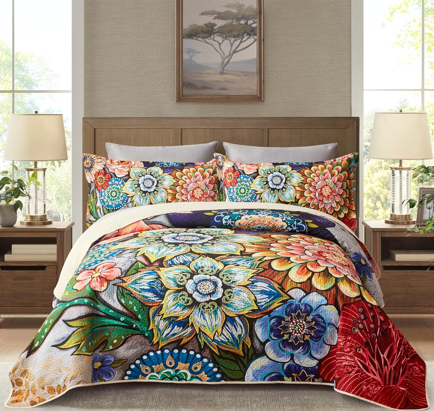 Asuexpect 3 Piece Boho Floral Quilt Set California King