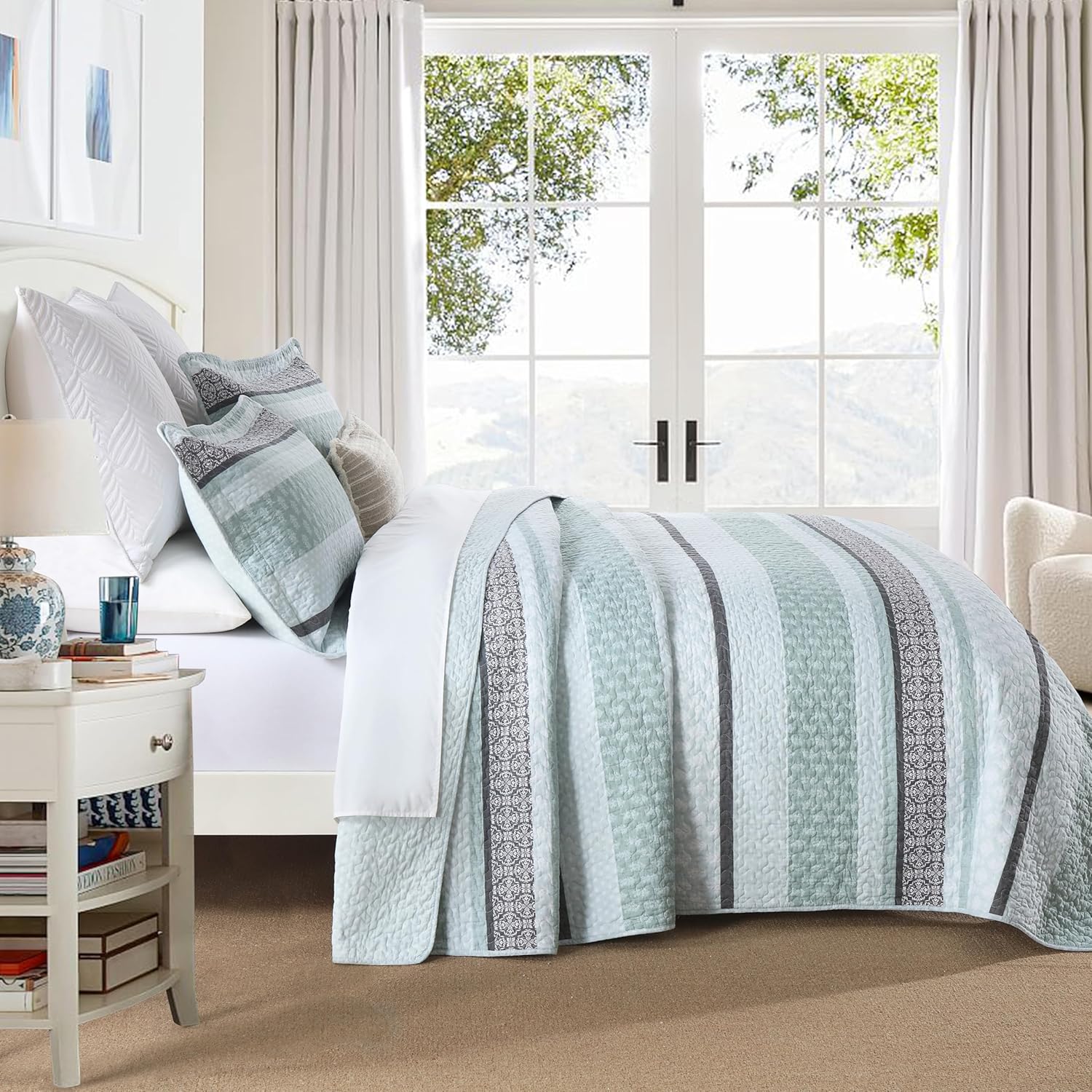 Homzard Cotton Queen Quilt Set Mint Green Grey Striped Bedding 3 Piece