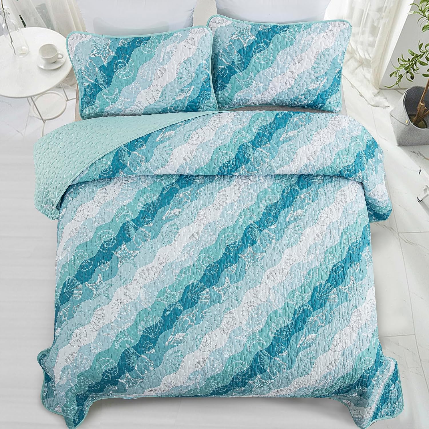 Dinjoy Coastal Blue Green Queen Quilt Set