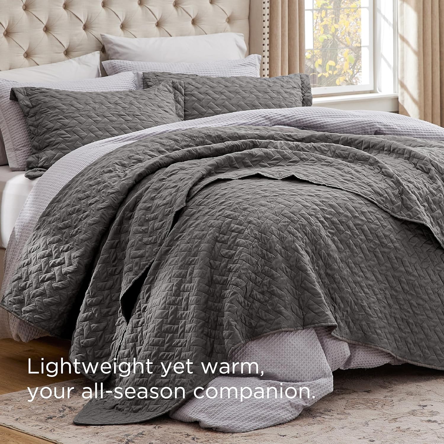 Bedsure King Size Bedspread - Grey Basket Weave Pattern Soft and Lightweight
