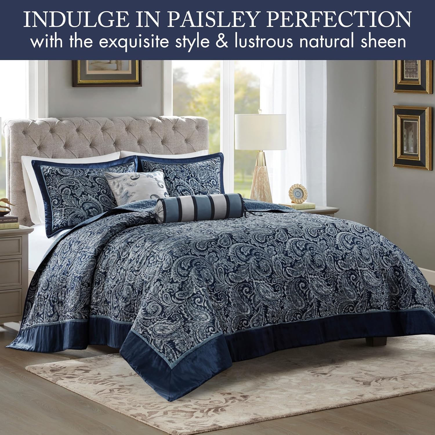 Madison Park Aubrey Reversible Quilted Bedspread Set Queen Navy 5 Piece