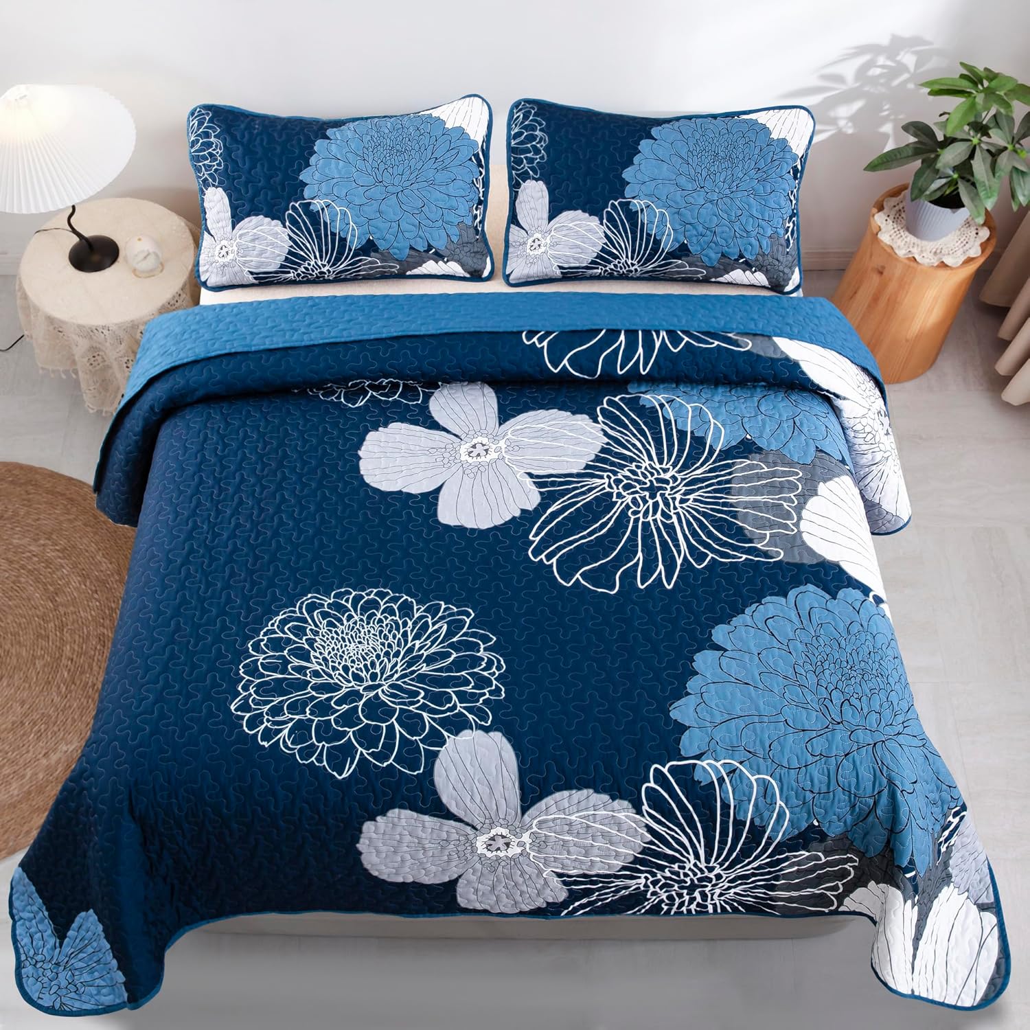 Anibedding 3 Piece Navy Blue Floral Quilt Set Queen Size