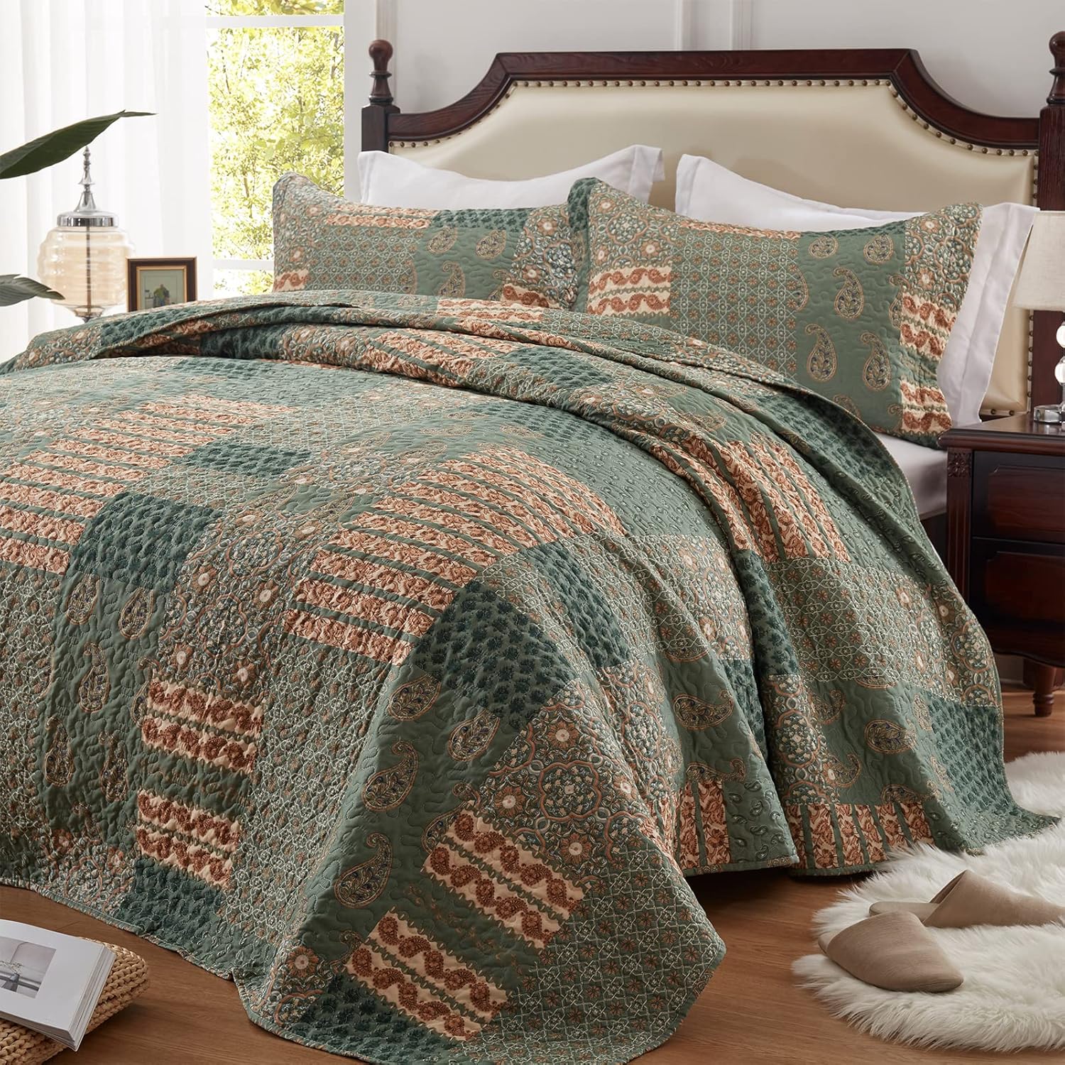 LEAONME 3-Piece California King Quilt Set Olive Green 1