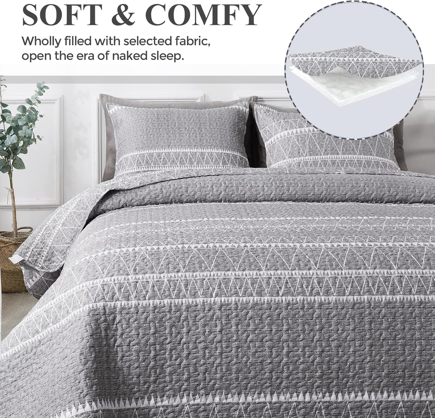 Andency Grey Boho Quilt Set 3Pcs Queen Size