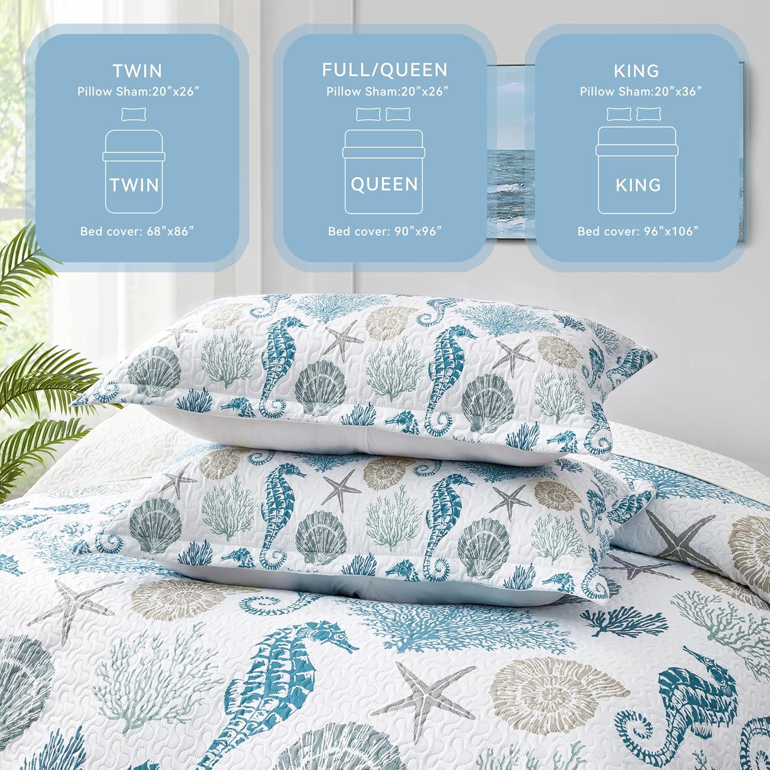 Coastal Bedding Queen Quilt Set with 2 Shams
