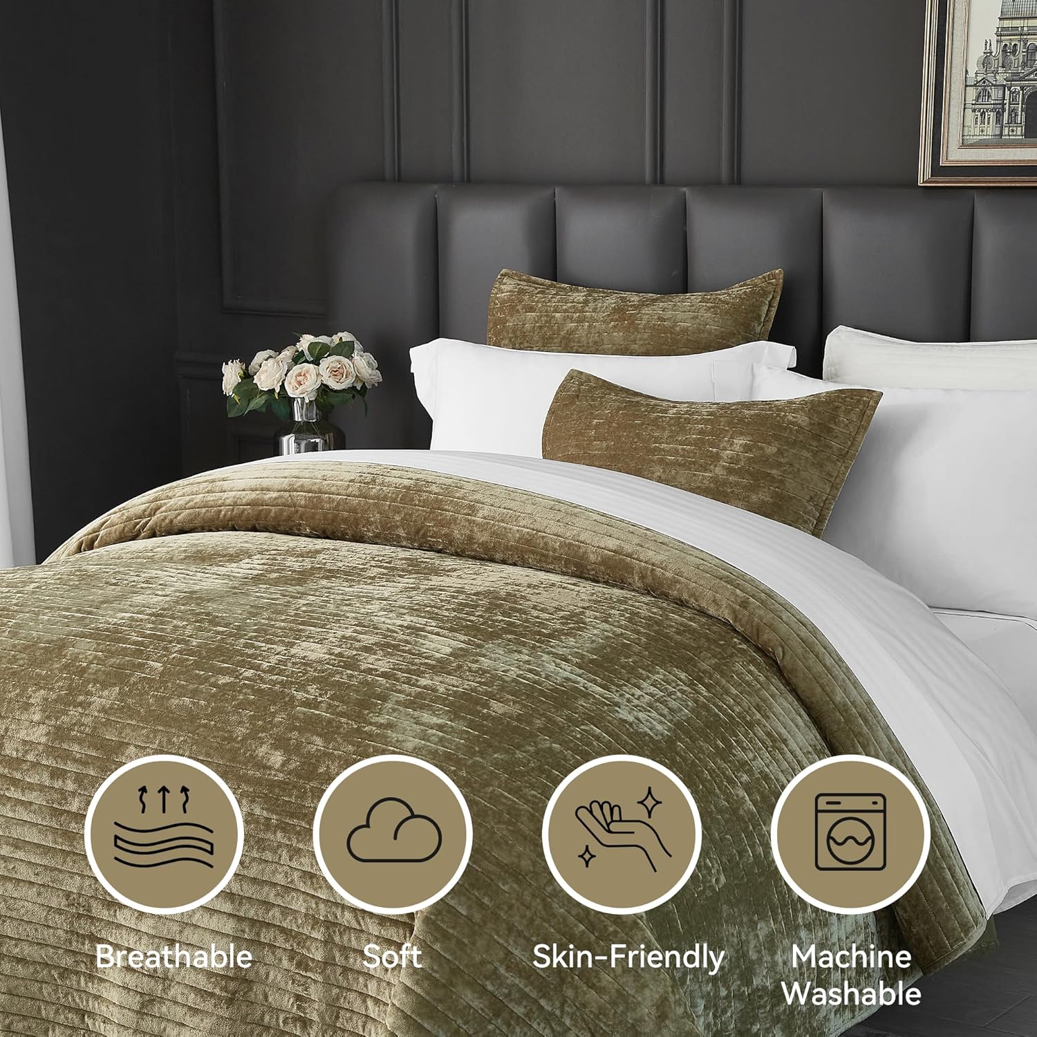 Weigelia Velvet Quilt Set Olive Green Striped Queen Size