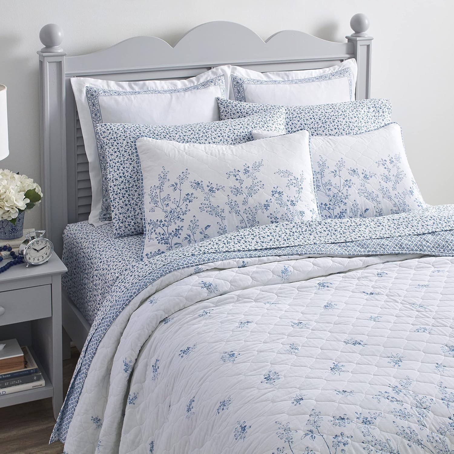 Laura Ashley Queen Quilt Set with Flora Blue Design
