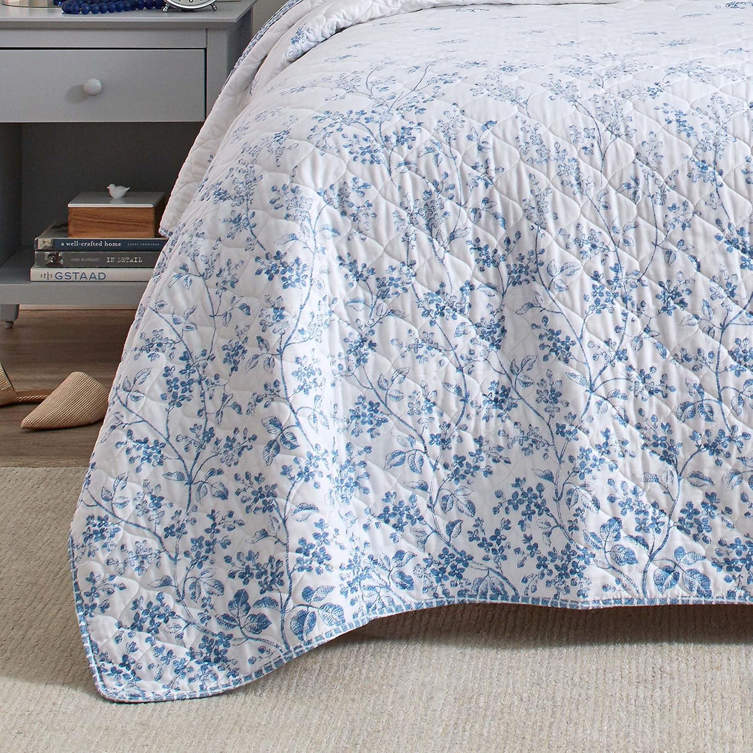 Laura Ashley Queen Quilt Set with Flora Blue Design