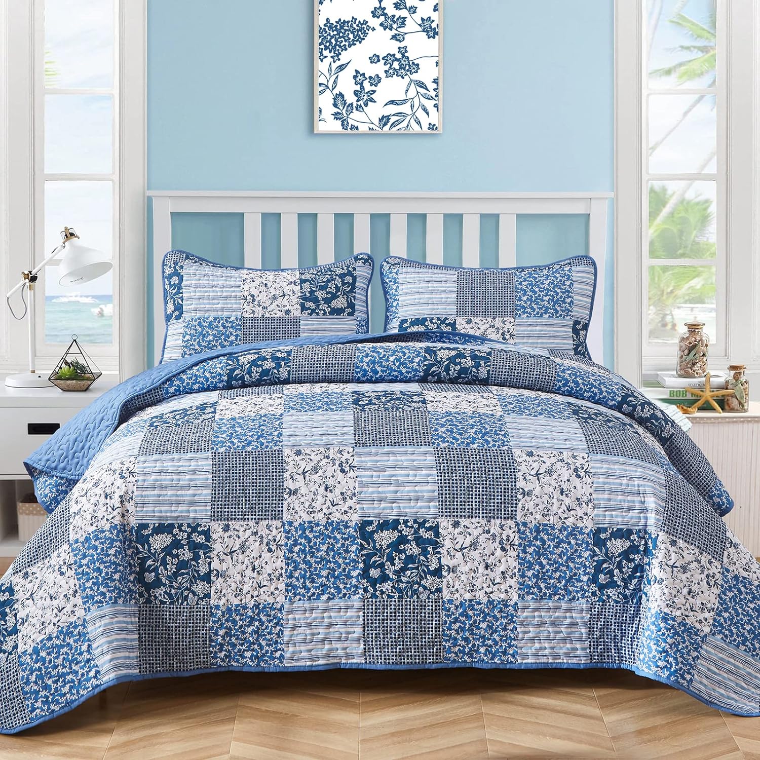Mybedsoul Blue Boho Quilt Set King 3 Piece