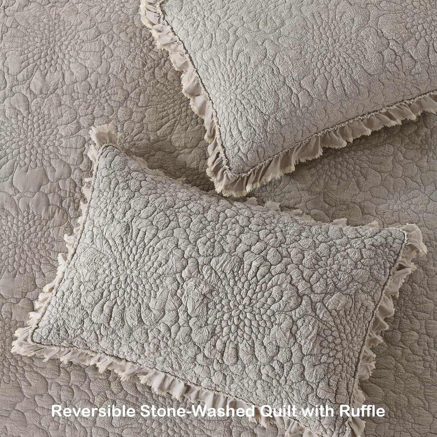 HORIMOTE HOME Beige Ruffled Quilt Set King Size 3 Pieces