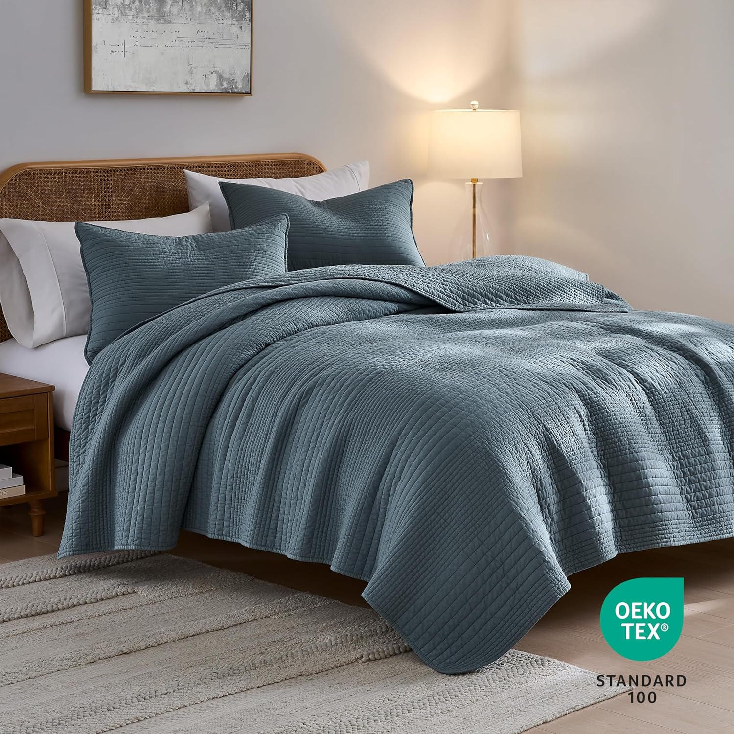 PALASSIO Striped Blue Grey Cotton Quilt Cal King Set