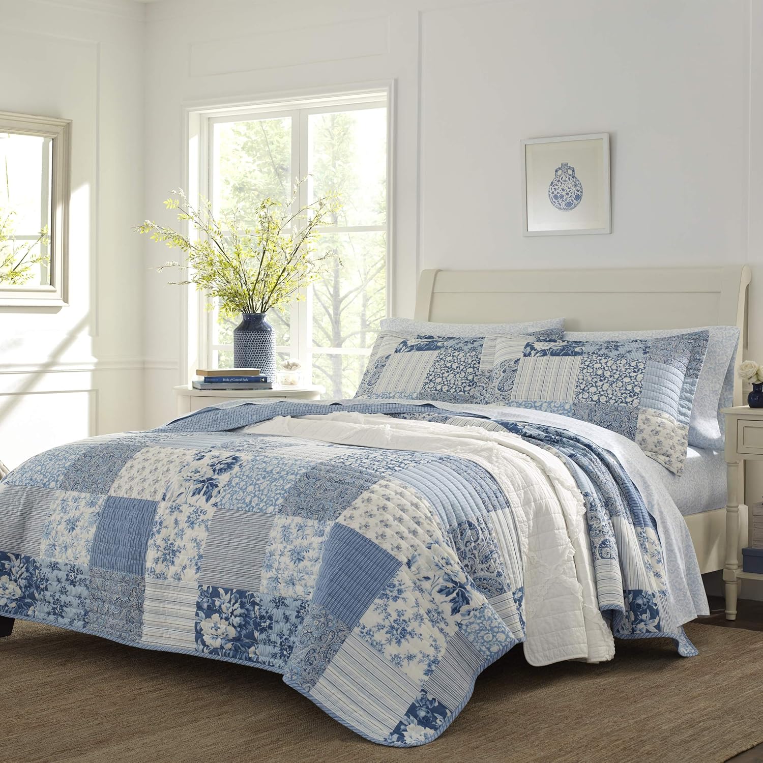Laura Ashley Twin Quilt Set - Paisley Printed Patchwork Blue