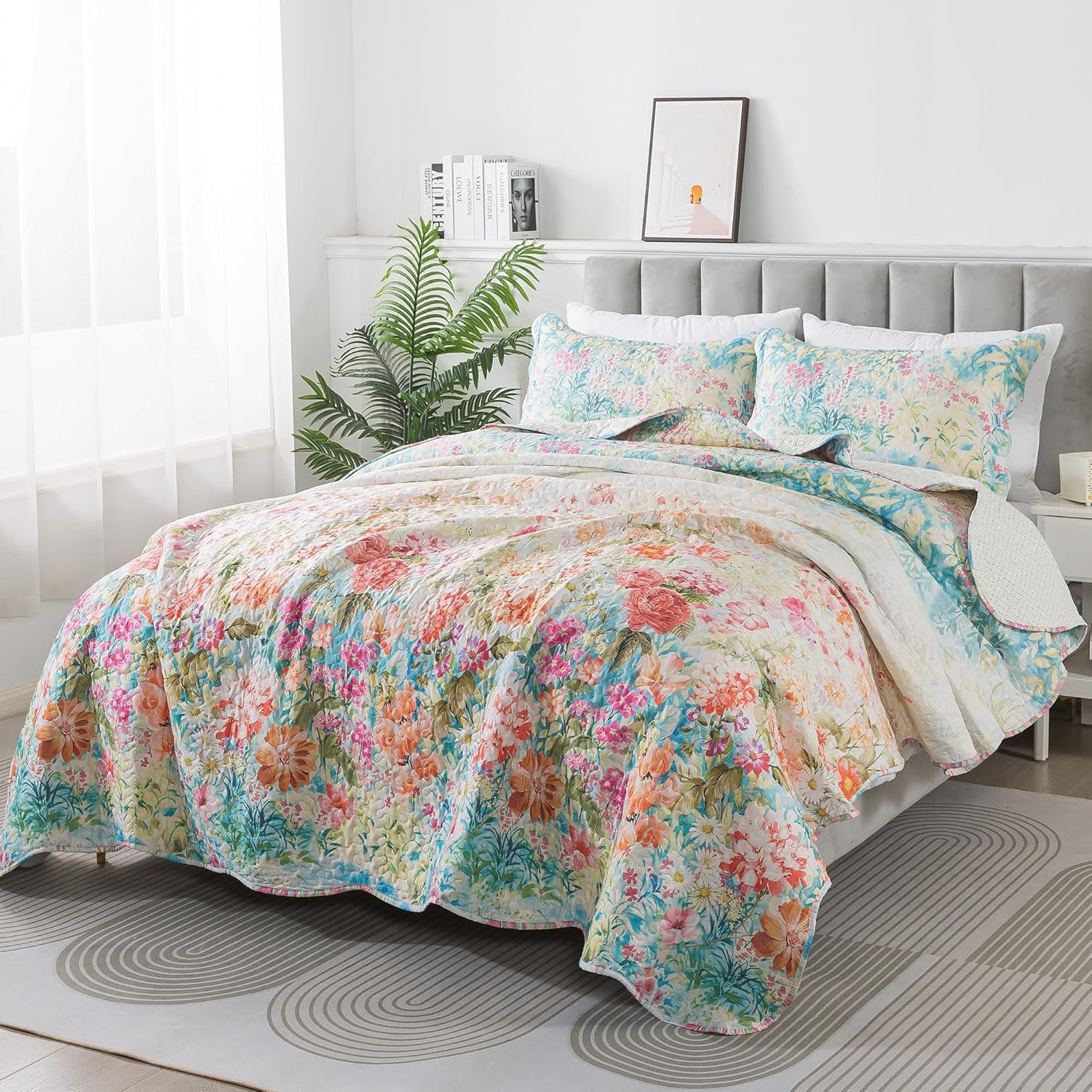 HoneiLife King Quilt Set - Floral Design Coral Pink