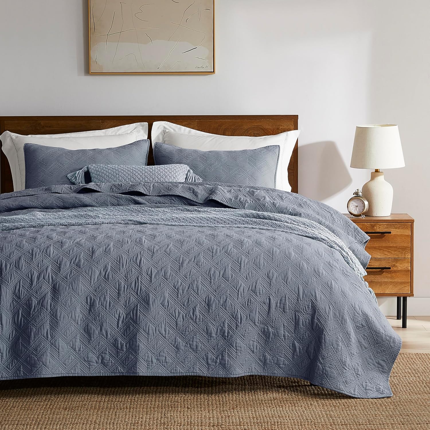 WDCOZY Blue Grey Cotton Quilt Set King Size 1