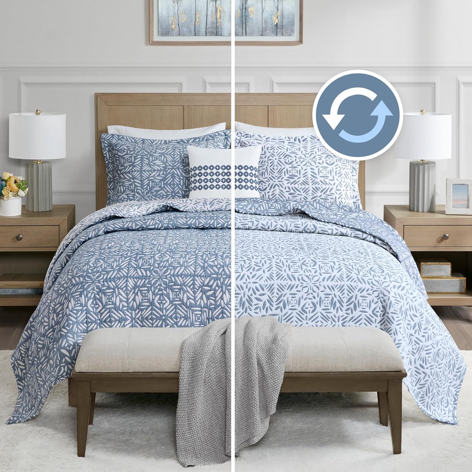 Madison Park Botanical Reversible Coverlet Set Queen Size Gray 3 Piece