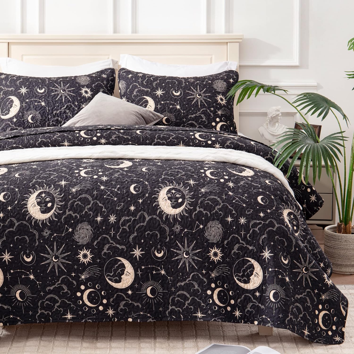 EXQ Home Quilt Set Full Queen Black Starry Pattern 3 Piece