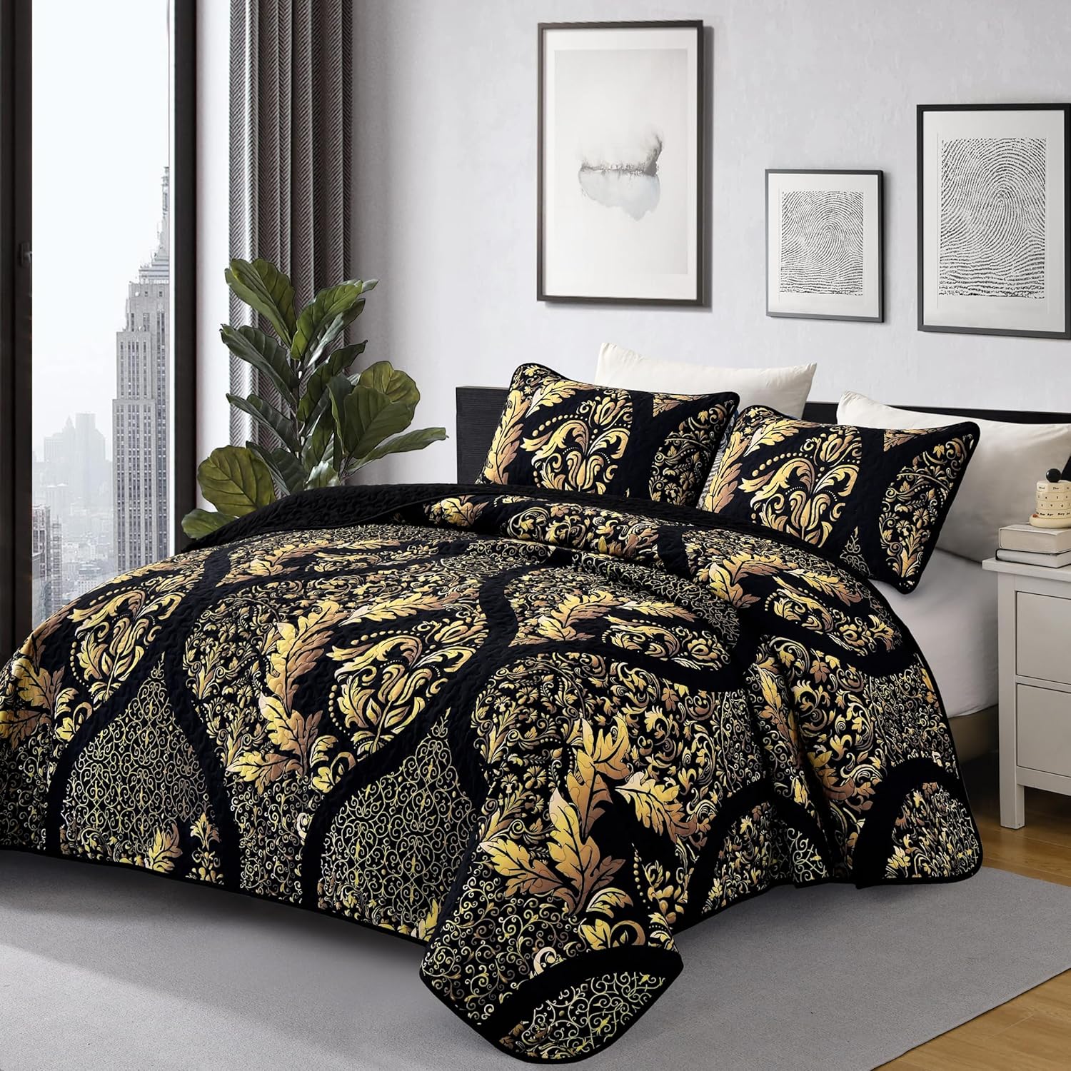 DJY Black Gold Damask Quilt Set 3 Pieces King Size
