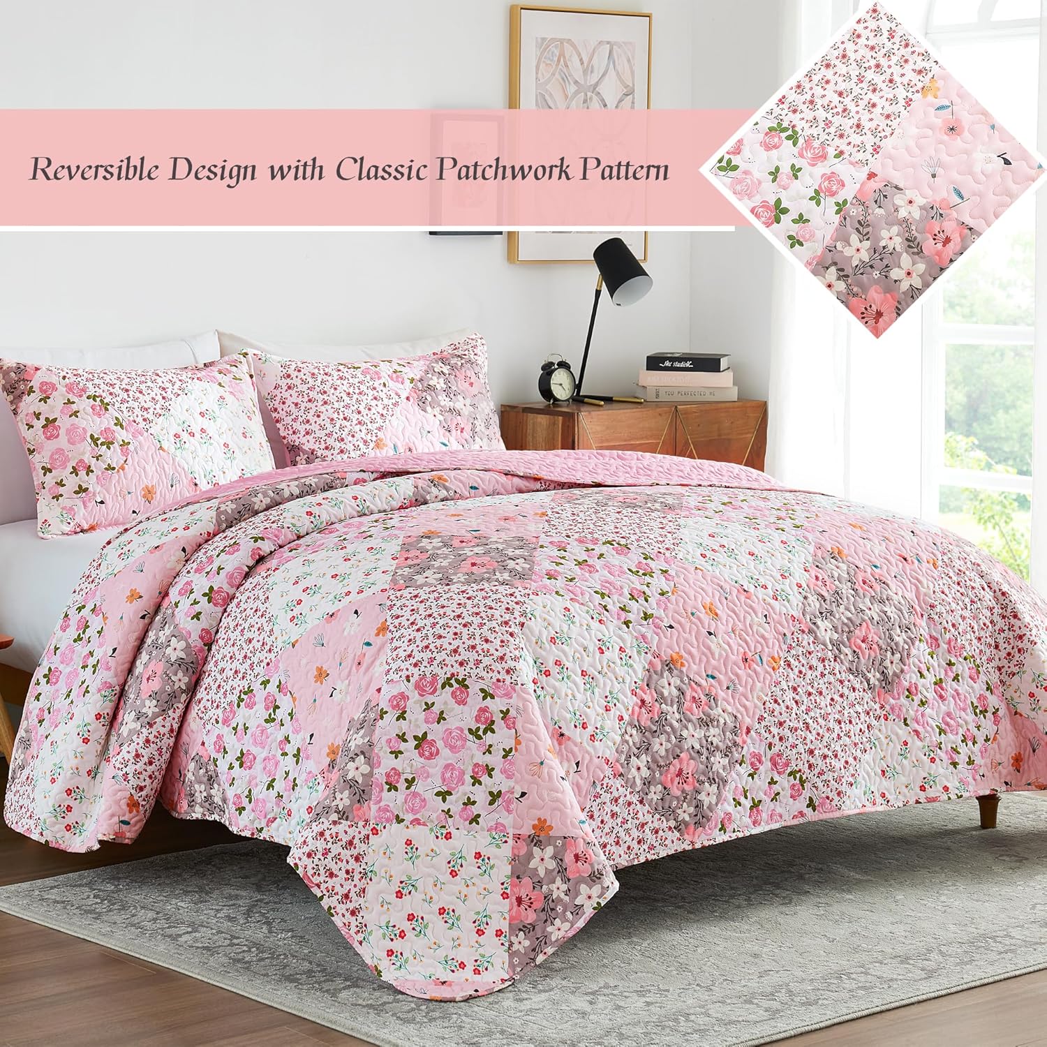 Whale Flotilla Reversible Patchwork Quilt Set Queen Size Pink