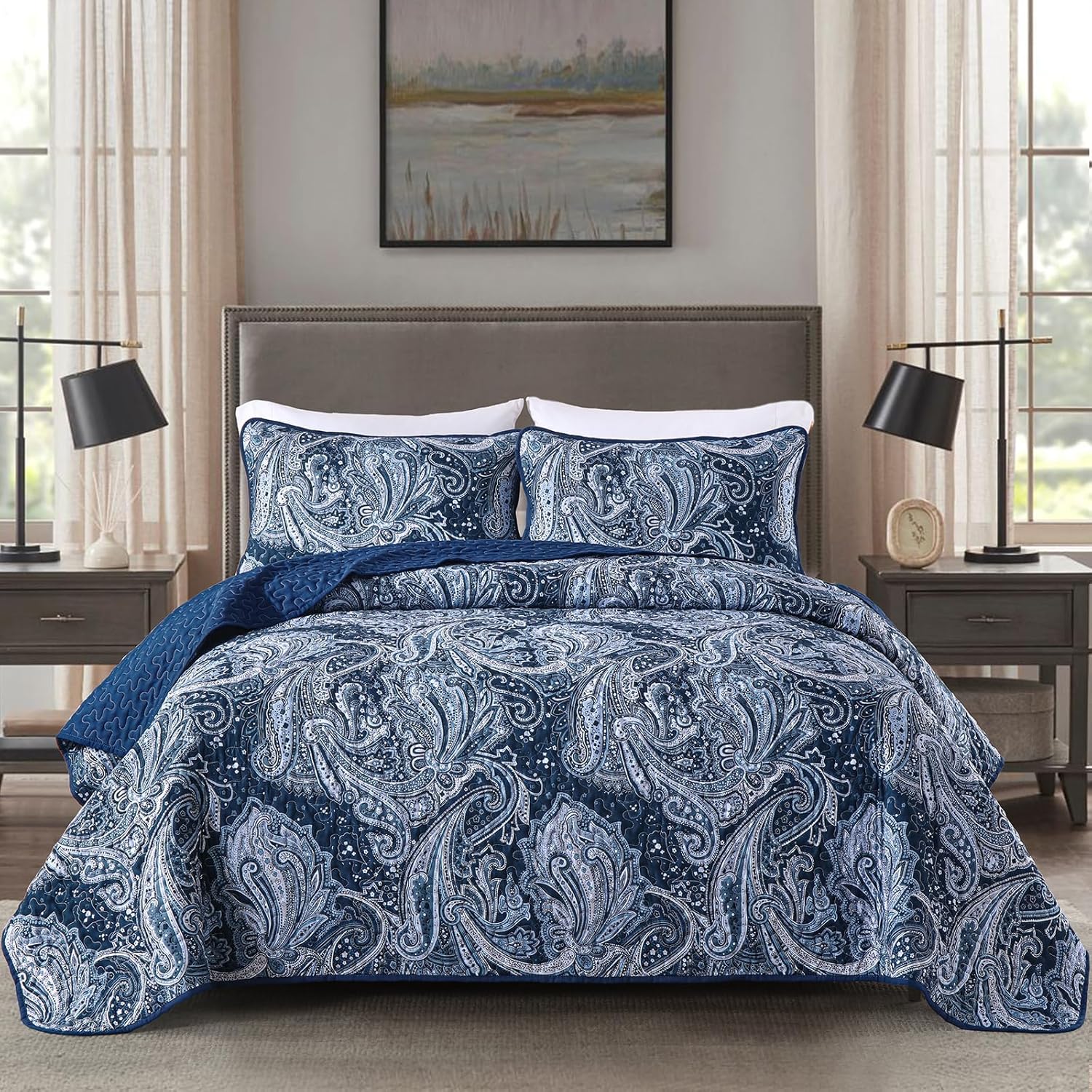 DJY Navy Paisley Quilt Set 3 Pieces King Size