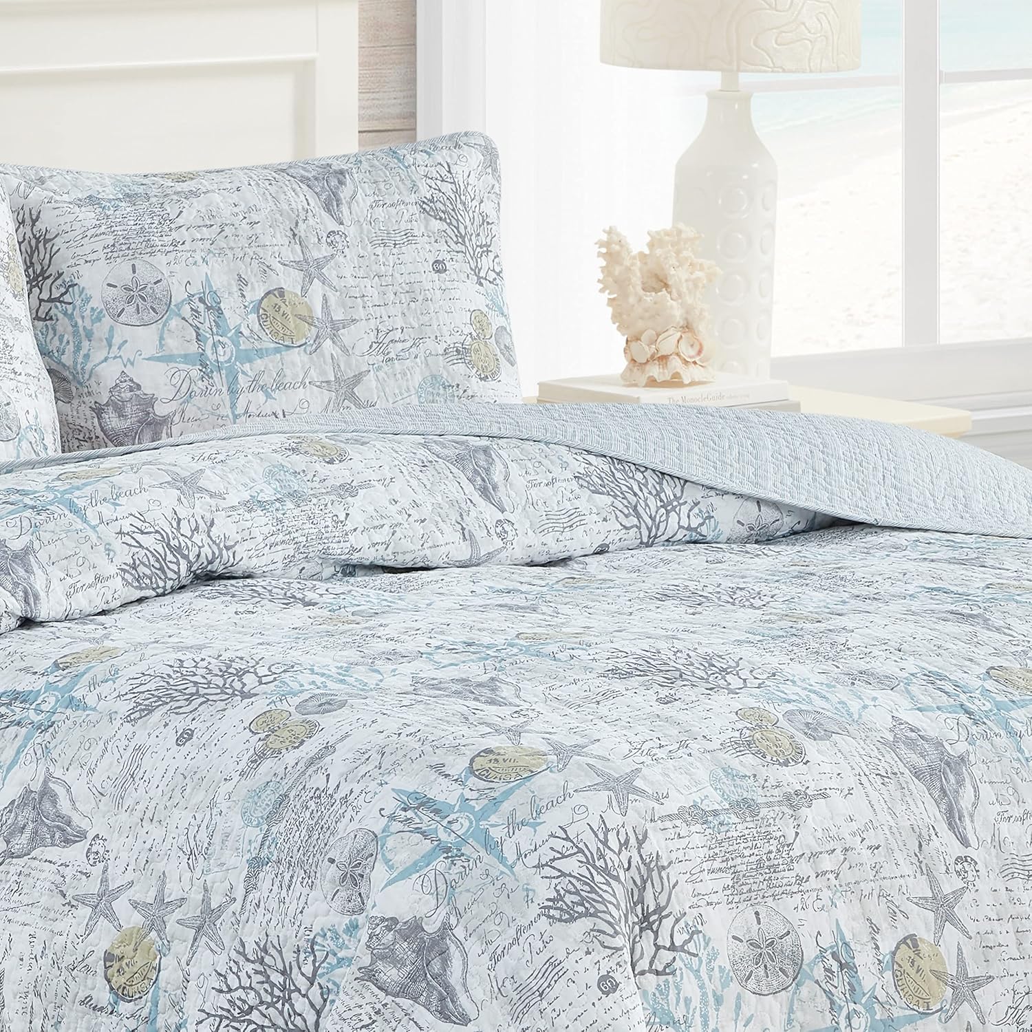 Tommy Bahama Queen Quilt Set Reversible Cotton Bedding with Shams Beach Bliss Grey