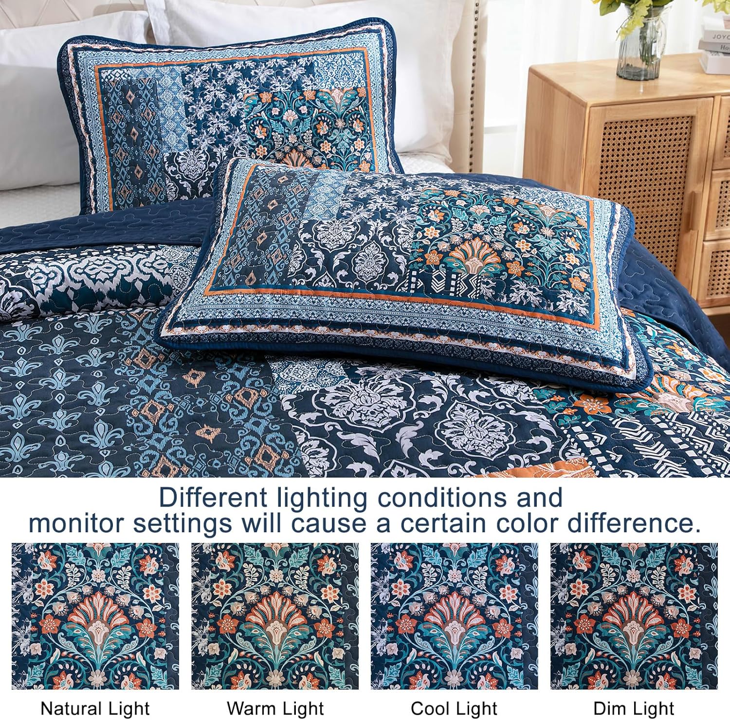 Navy Blue Bohemian Quilt Set Queen Size 96x90