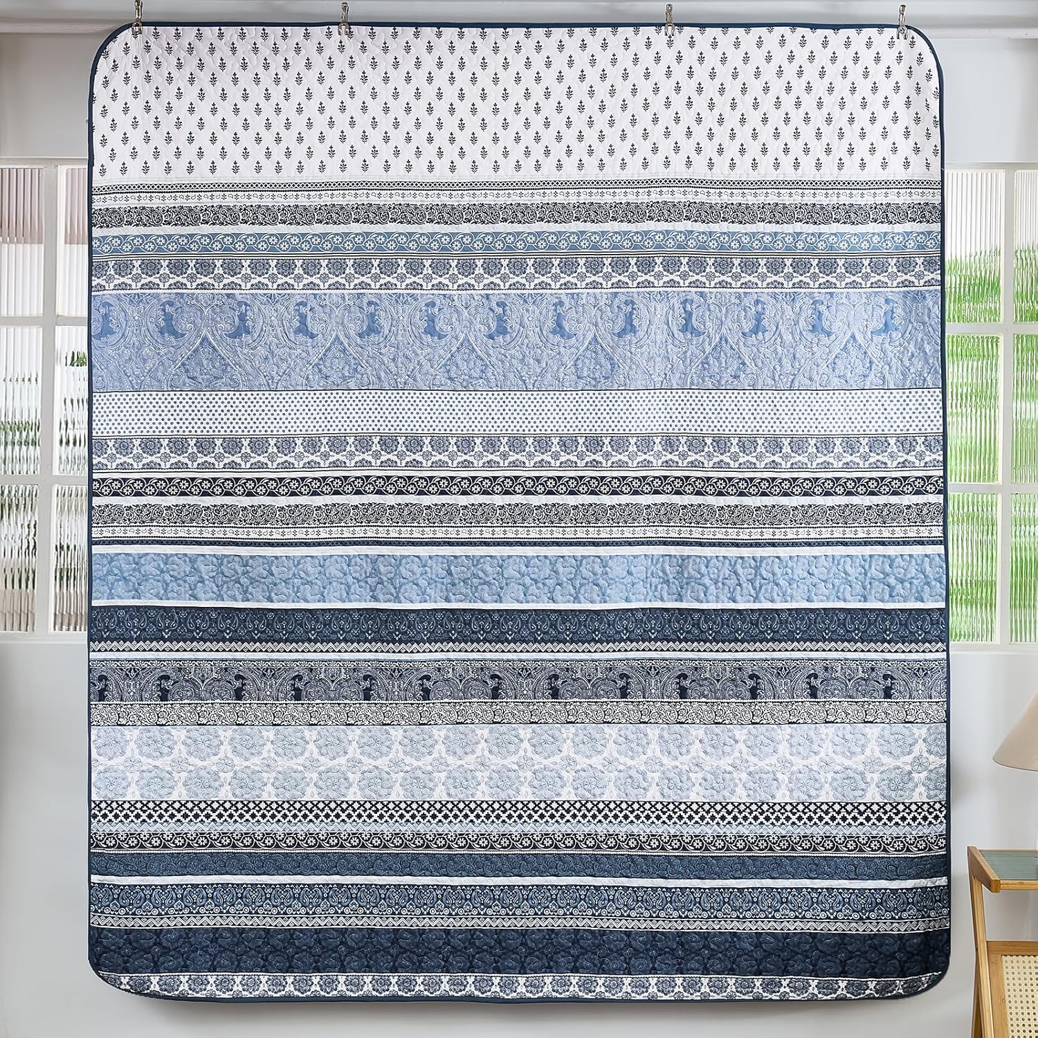 WONGS BEDDING Navy Blue Boho Queen Quilt Set 3pcs