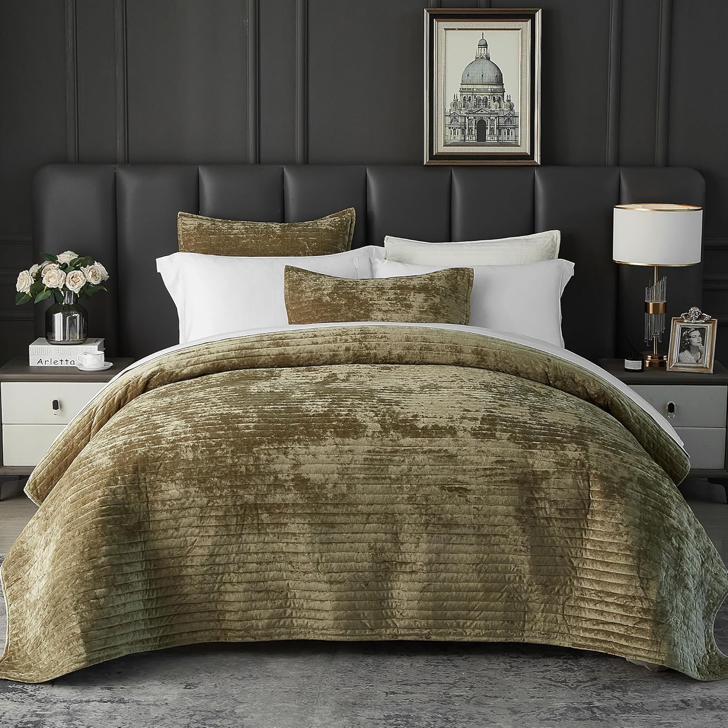 Weigelia Velvet Quilt Set Olive Green Striped Queen Size