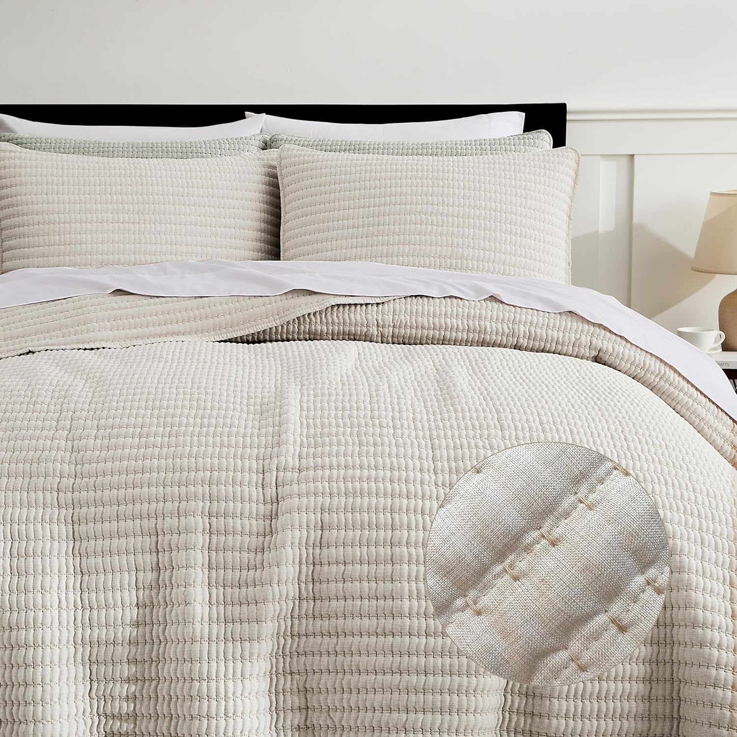 WDCOZY Beige Pick Stitch Queen Quilt Set
