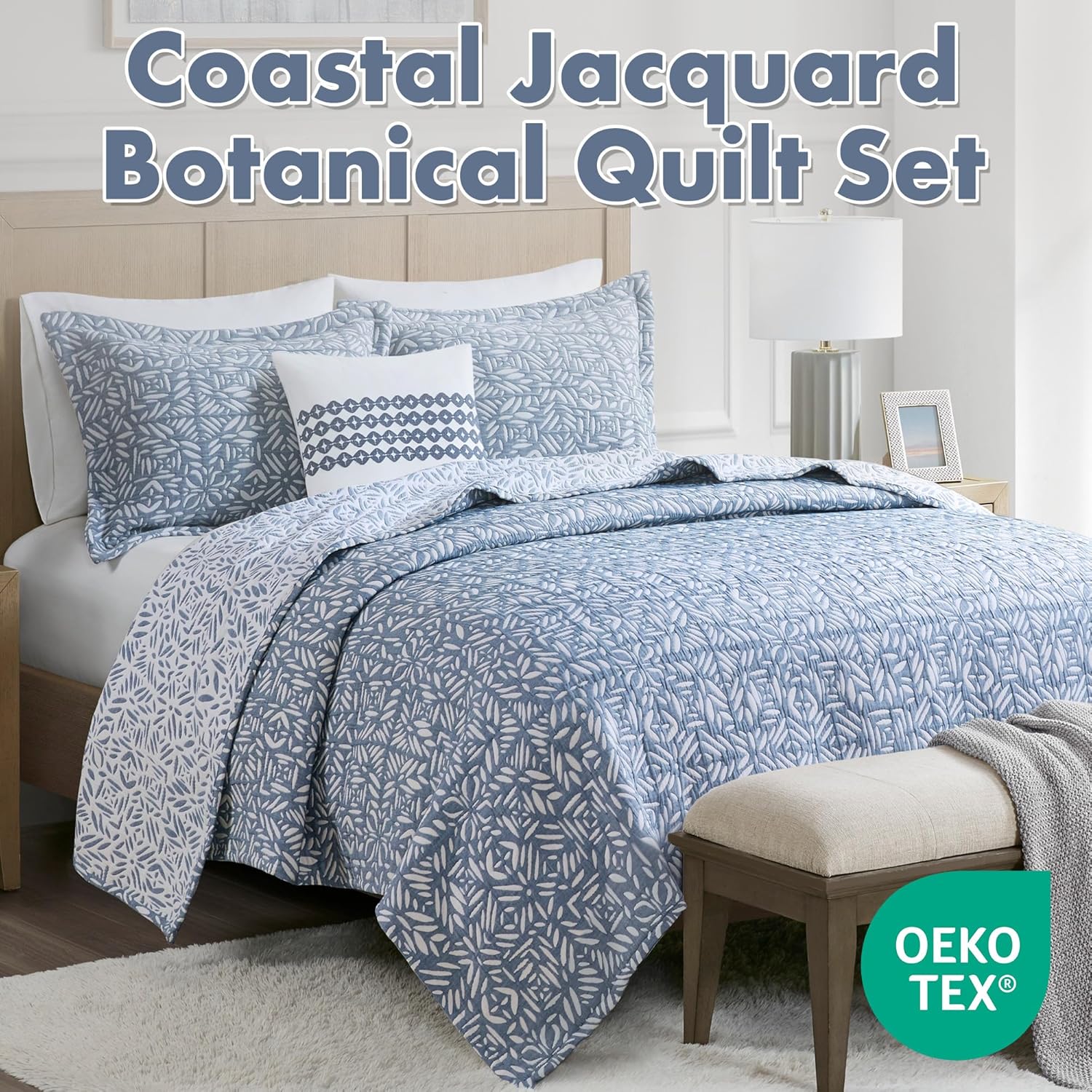 Madison Park Botanical Reversible Coverlet Set Queen Size Gray 3 Piece