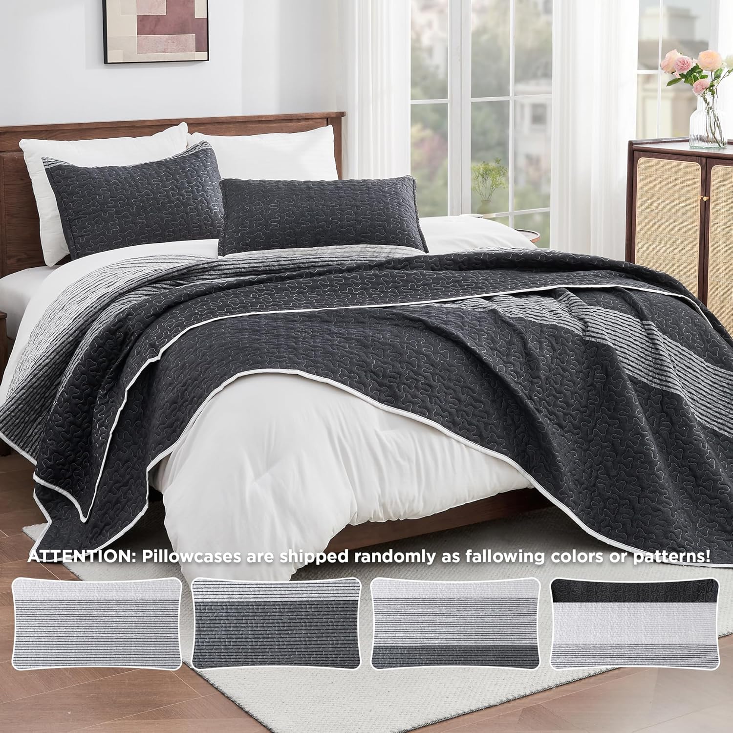 Andency Queen Quilt Set Black and White Striped