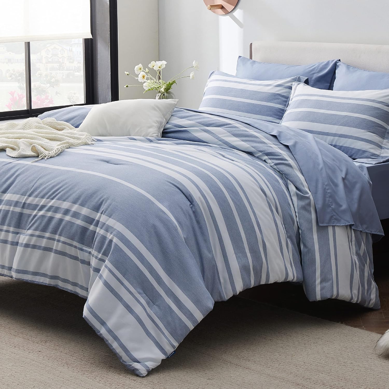 Bedsure Full Comforter Set 7 Pieces Blue Striped