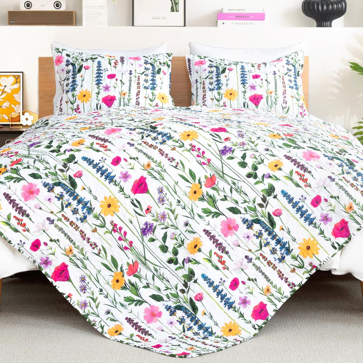 ROMROL Floral Queen Quilt Set 3 pcs Reversible Bedspread