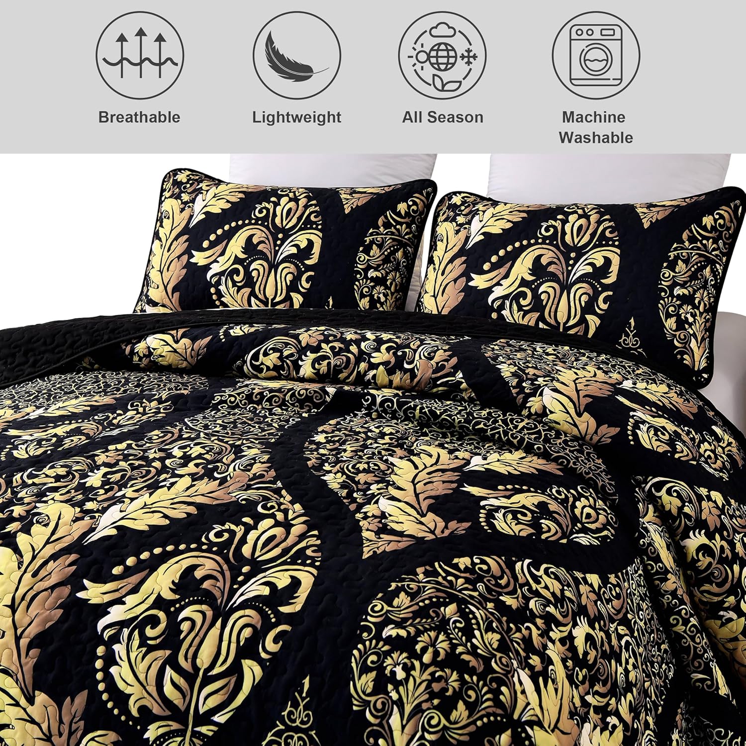 DJY Black Gold Damask Quilt Set 3 Pieces King Size