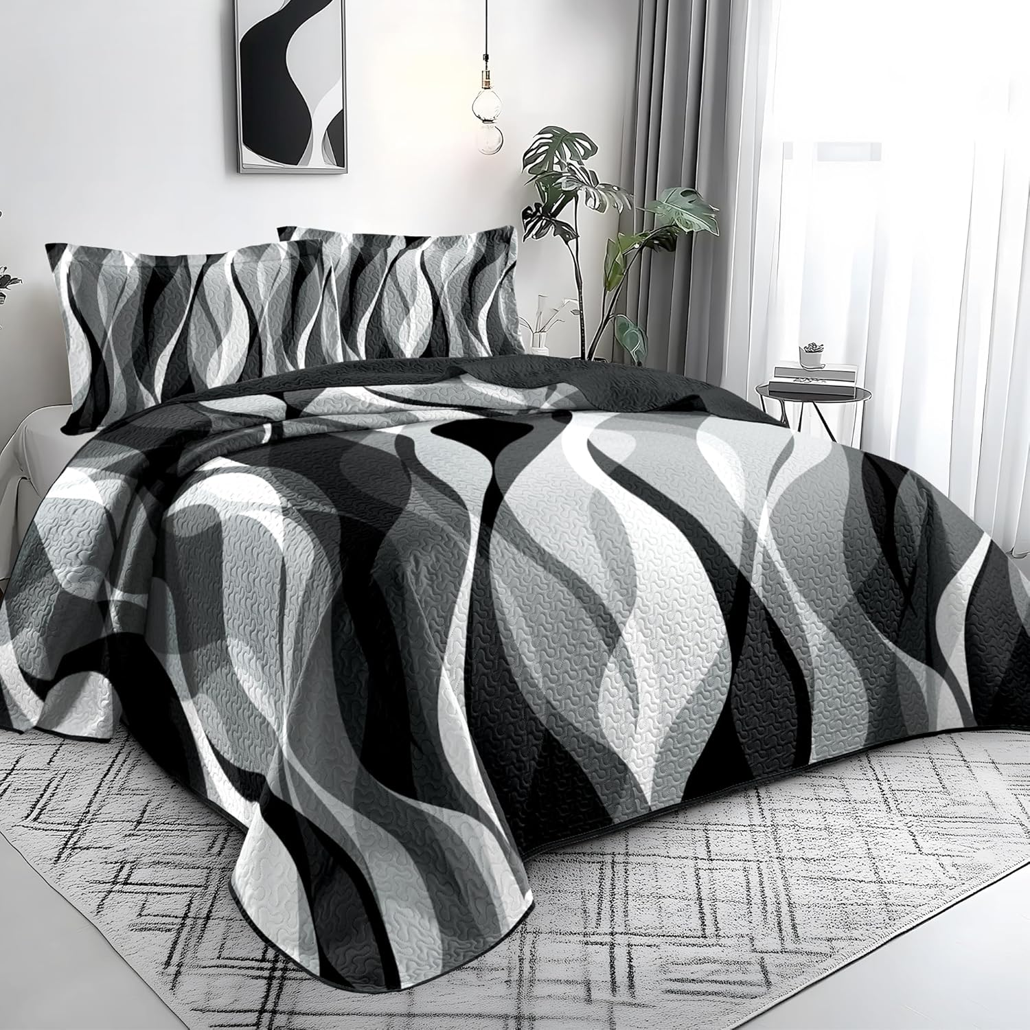 Weesire Modern Grey Black Stripe Quilt Set King Size