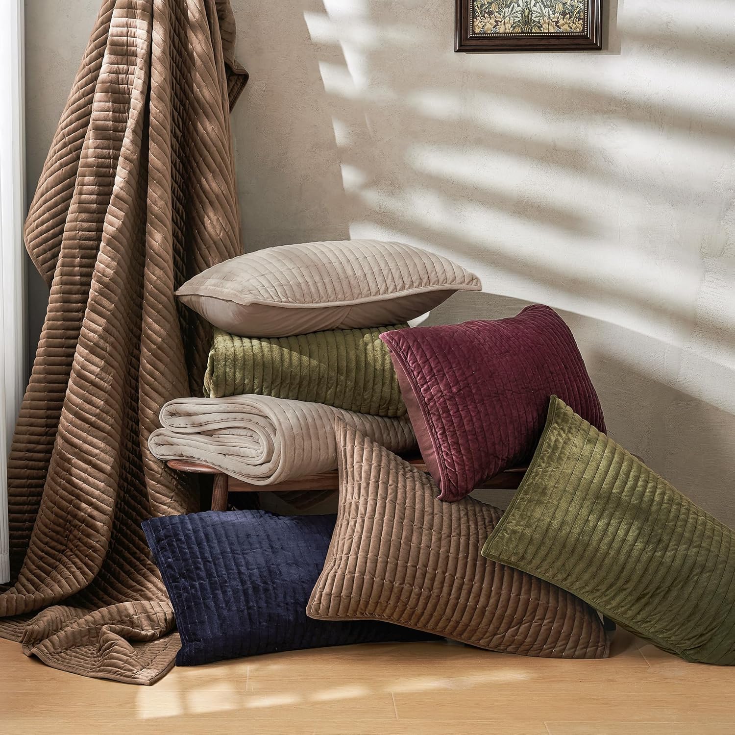SHALALA Velvet Quilt King Size Set Dark Brown 3-Piece