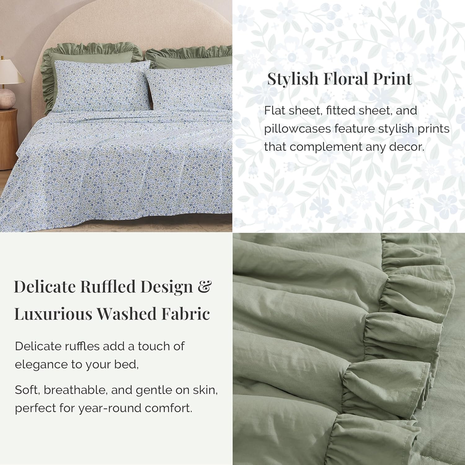 BLOOMHAVEN Queen Comforter Set 7-Piece Ruffle Sage Green