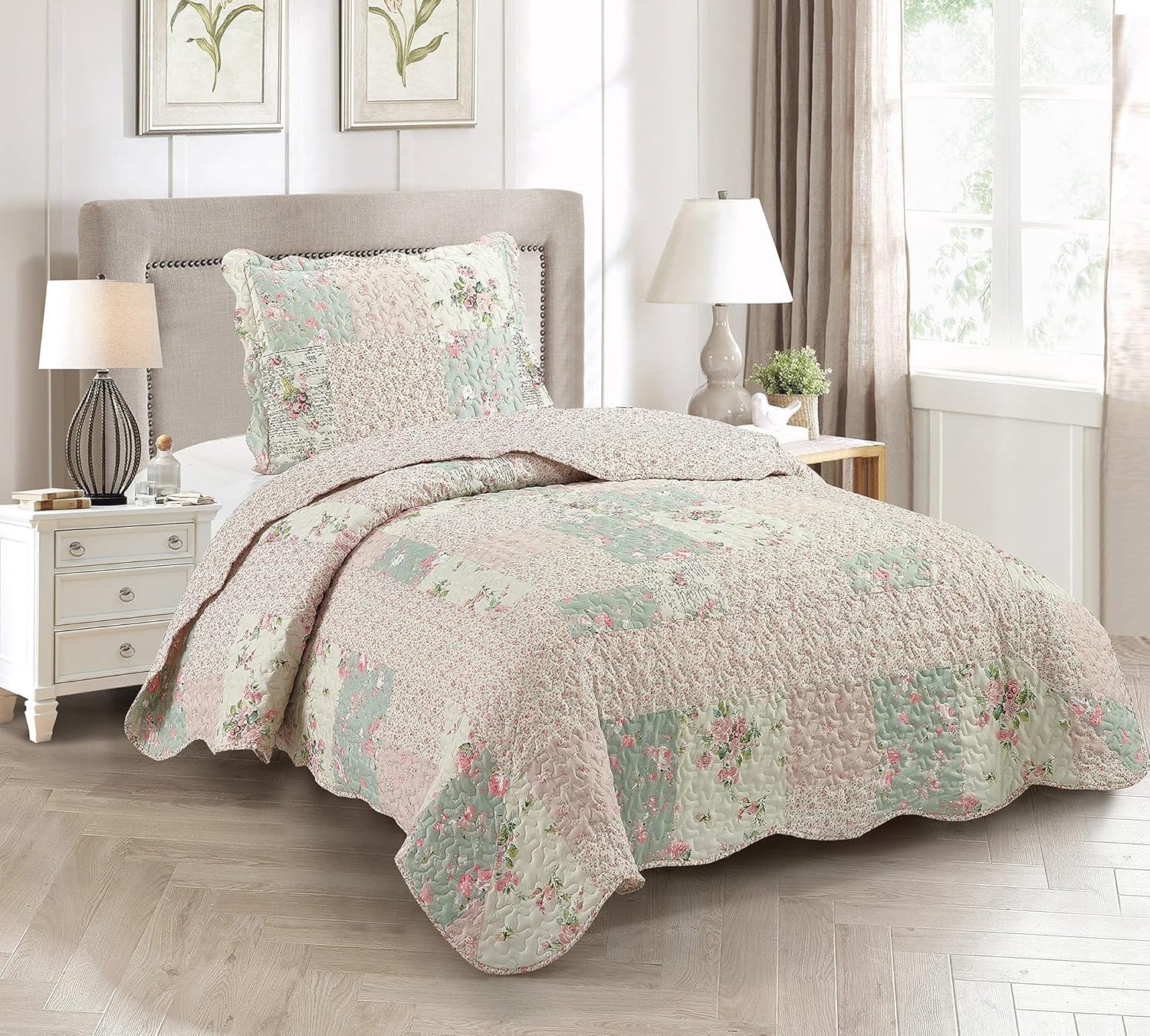 Brilliant Sunshine Rose Sage Quilt Set 2-Piece Twin XL