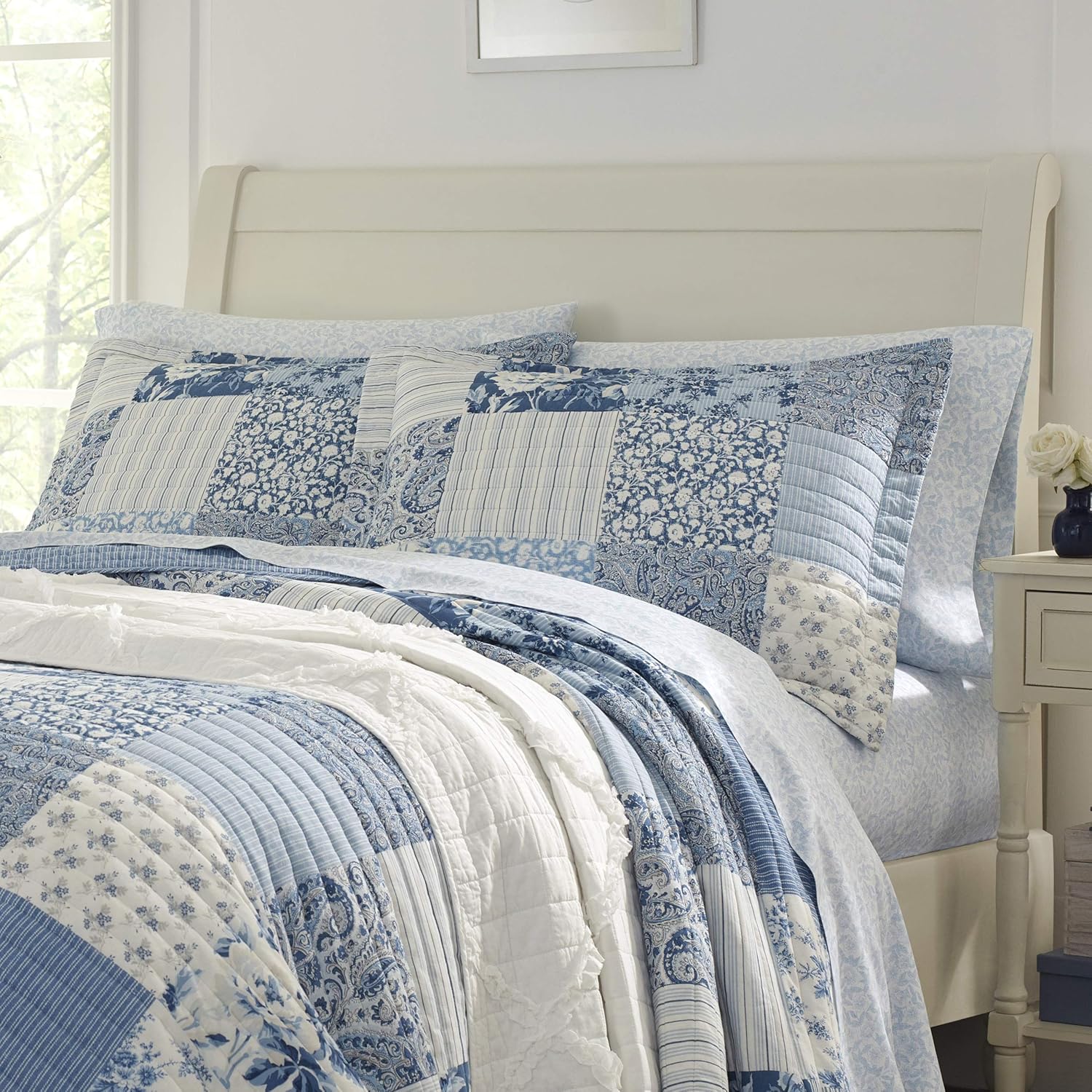 Laura Ashley Twin Quilt Set - Paisley Printed Patchwork Blue