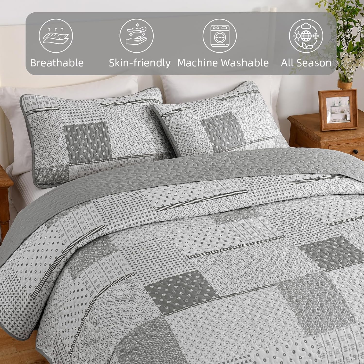 WONGS BEDDING 3 Piece Quilt Set Queen Size Grey