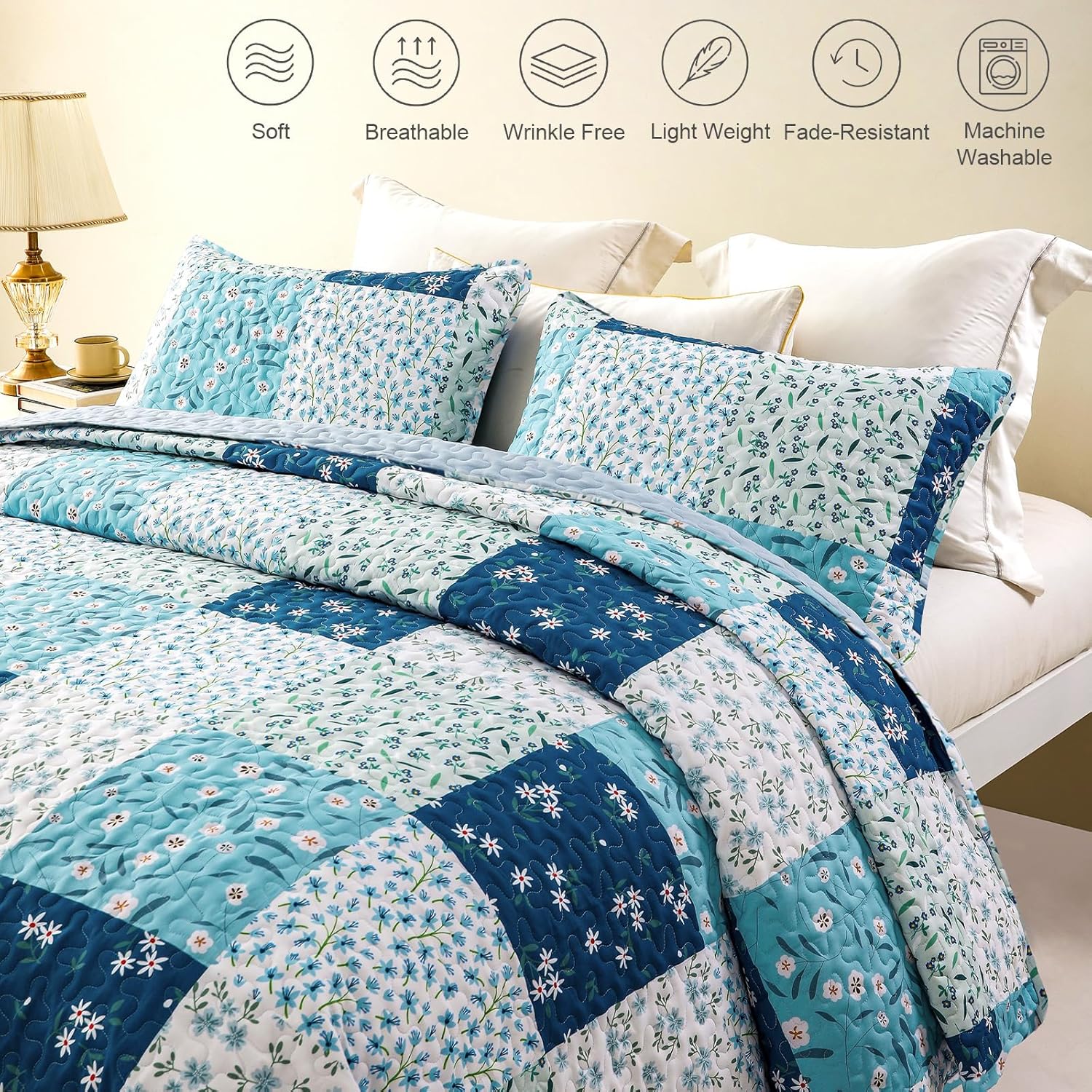 Whale Flotilla Reversible Quilt Set Queen Size Blue