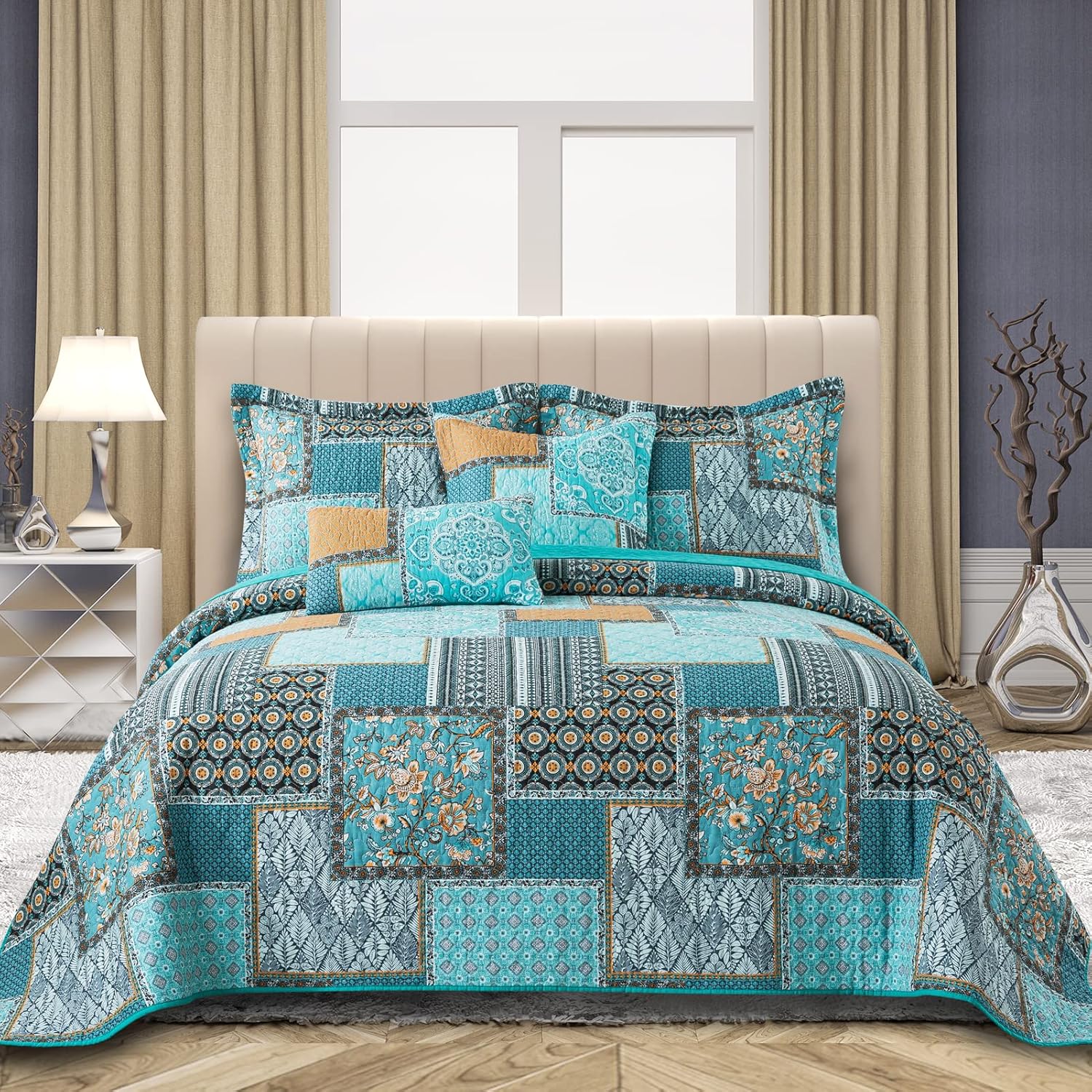 VAPUTAR Queen Size Quilt Bedding Set - 3 Piece Teal Green Chic