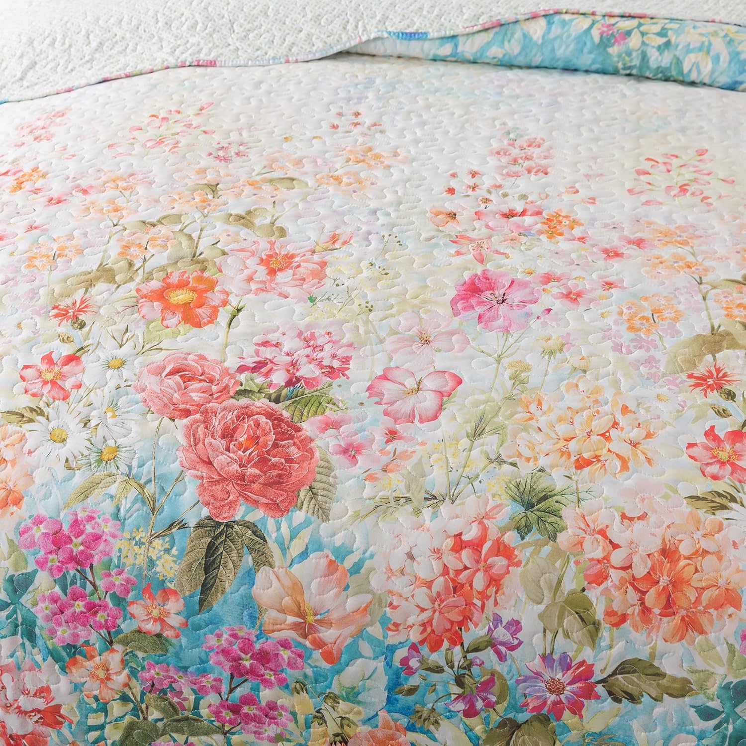 HoneiLife King Quilt Set - Floral Design Coral Pink